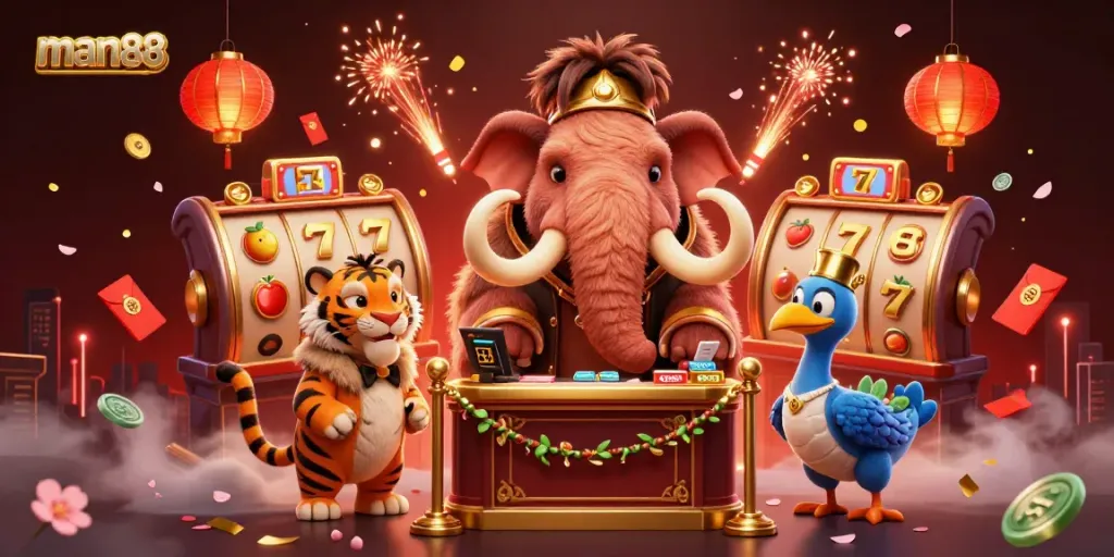 Experience excitement with man88's vibrant casino scene featuring dynamic characters and gaming symbols.