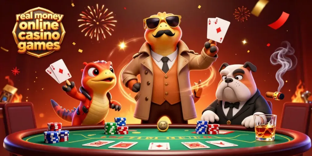 Experience thrilling real money online casino games with our colorful 3D raptors and poker setup.