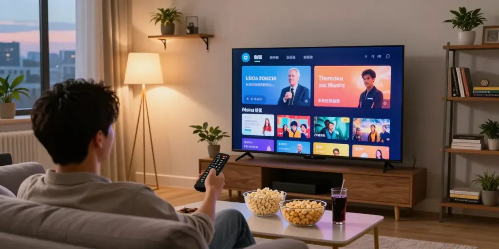 Person using an IPTV provider remote control in a cozy living room.