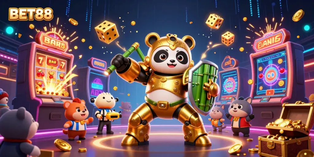 Engage with BET88 in a vibrant casino scene featuring a mech-suit panda, jackpot slots, and colorful game action.