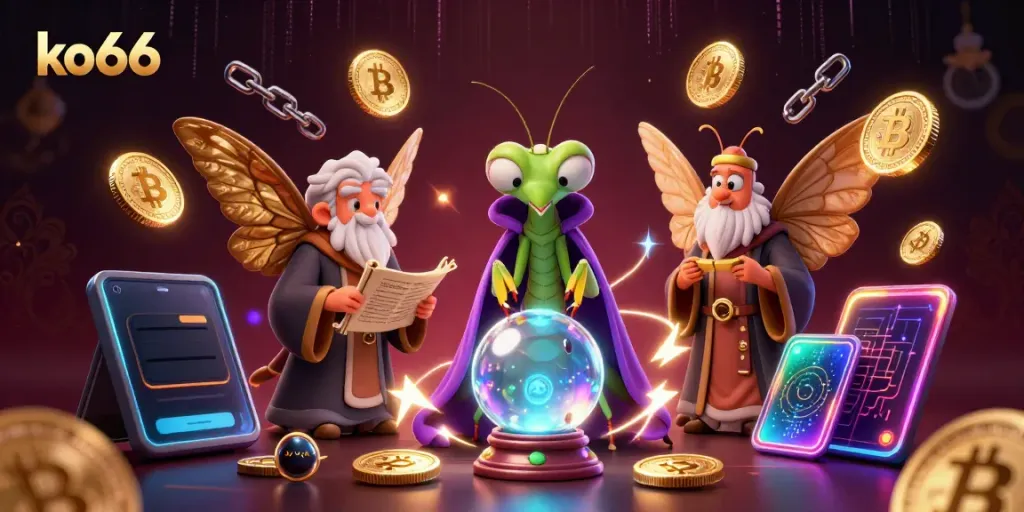 Engage at ko66 with captivating 3D fortune teller and lively gaming elements in an enchanting casino scene.