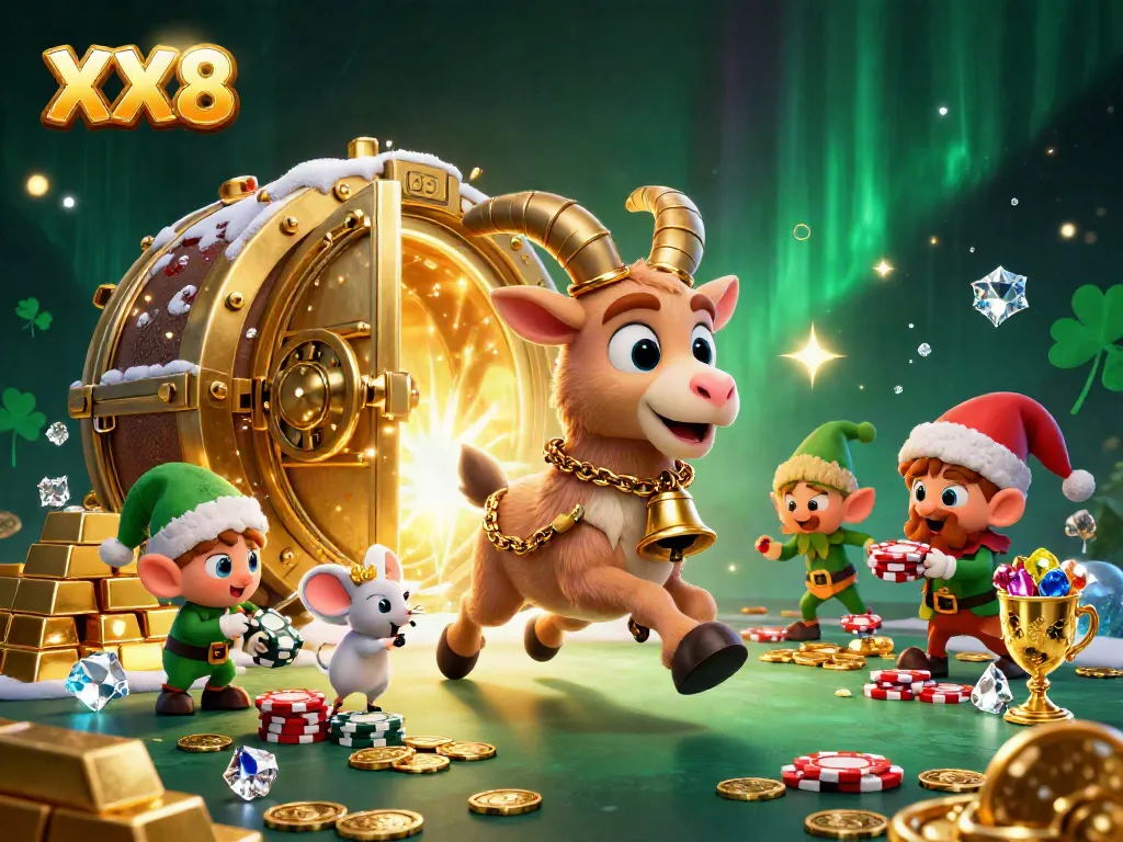 Krampus-themed XX8 casino scene featuring playful characters amidst golden treasures and festive elements