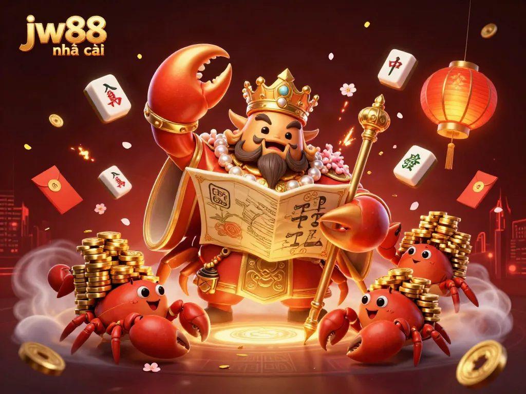 Engage with jw88 nhà cái's vibrant online gaming scene featuring a golden crab emperor, casino elements, and festive decor.