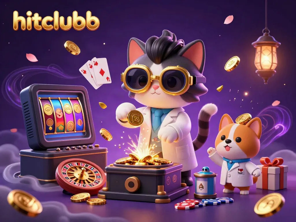 Engage with hitclubb's thrilling gaming scene featuring a mad scientist cat and a dog assistant amidst vibrant casino elements.