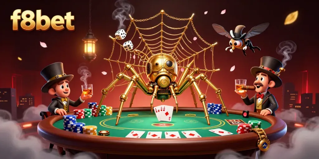 Experience thrilling action at f8bet with a steampunk spider catching dice in an enchanting casino scene.
