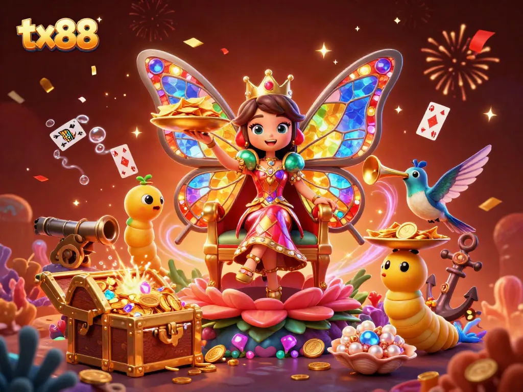 Engage in exciting gaming at tx88 with a vibrant 3D illustration of a butterfly queen and casino elements.