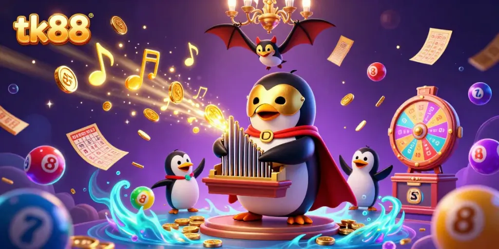 Experience tk88's vibrant casino adventure with joyful characters amidst golden coins and musical notes.