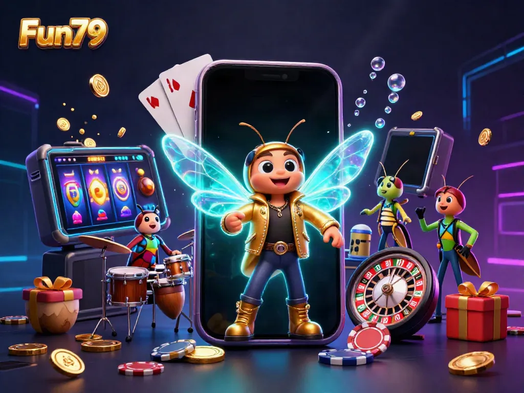 Fun79 showcases an exciting casino scene with vibrant characters and gaming elements, engaging players in thrilling action.
