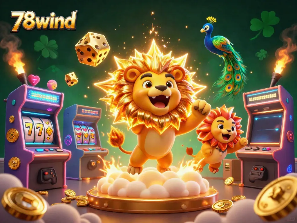 Engaging 78wind casino scene with a roaring sun lion, golden dice, and arcade games.