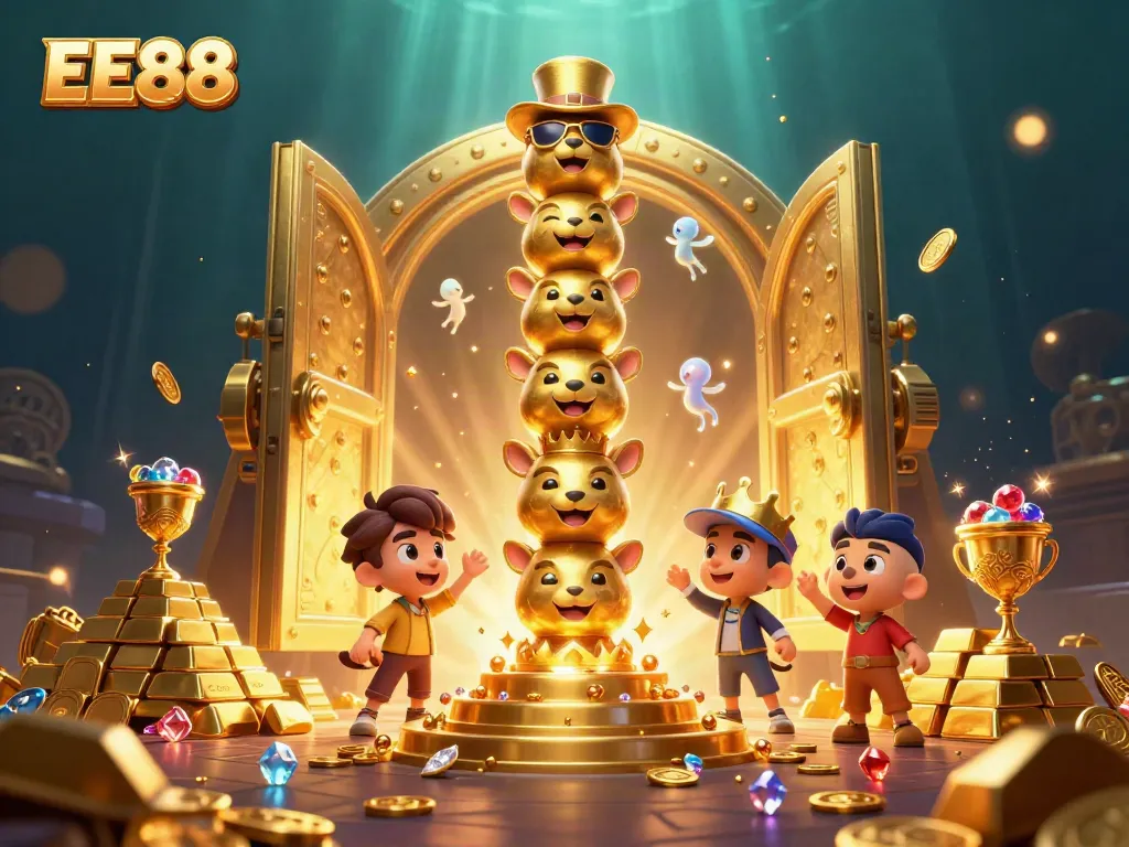 Experience the thrill of EE88 with dynamic casino visuals, featuring vibrant treasures and lively characters.