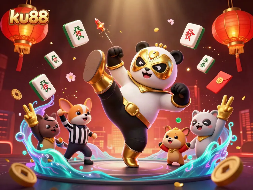 ku88 showcases exciting casino action with a panda wrestler kicking through festive gambling symbols