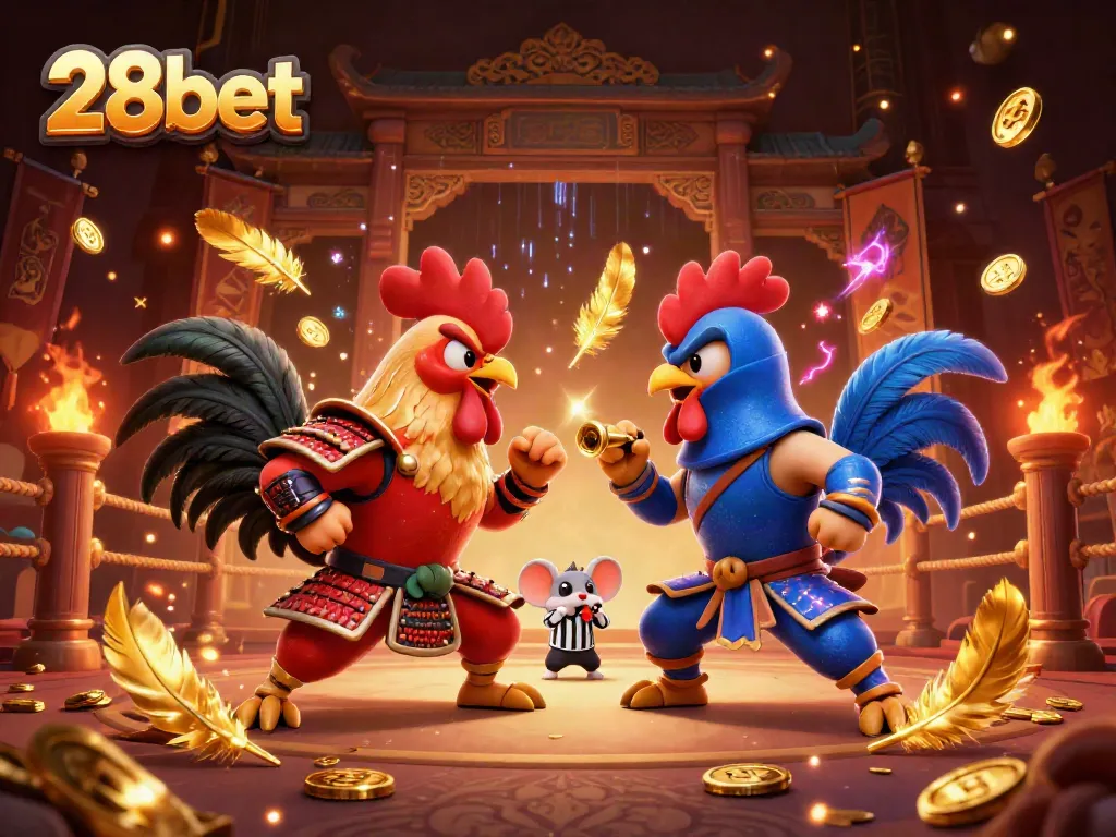 Experience the excitement of 28bet as twin fighting roosters face off in a vibrant casino showdown.