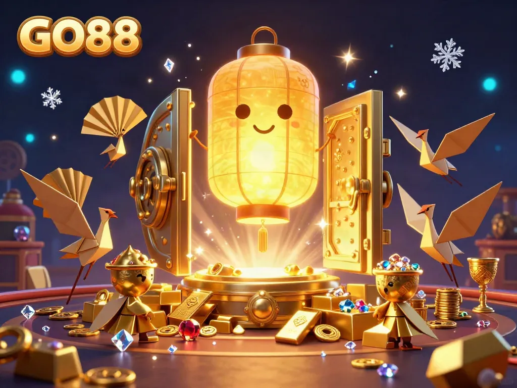 Engage in thrilling gameplay at GO88 with a vibrant casino scene filled with golden treasures and exciting characters.