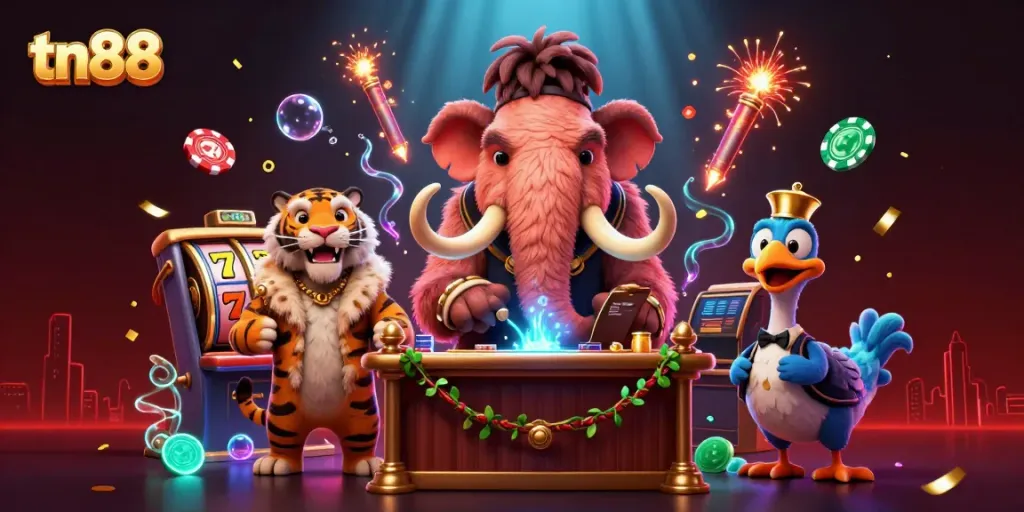 Engaging tn88 casino scene with a woolly mammoth bouncer and vibrant game elements.