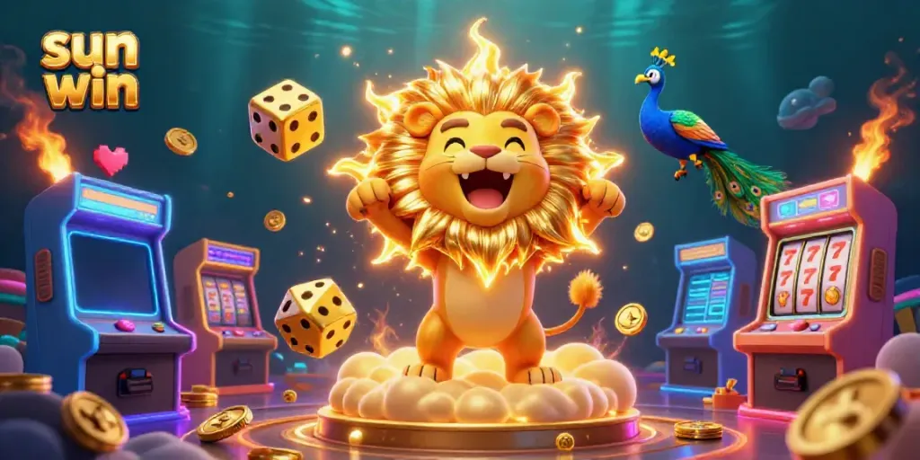 Engage in thrilling gameplay with sun win featuring golden dice, a majestic lion, and colorful game elements.