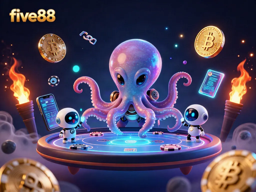 Experience five88's thrilling poker action with an alien octopus dealer and vibrant game elements.