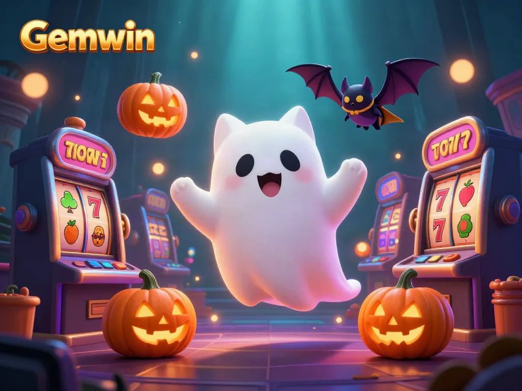 Experience excitement with Gemwin's animated ghost cat and vampire bat in a vibrant casino scene.