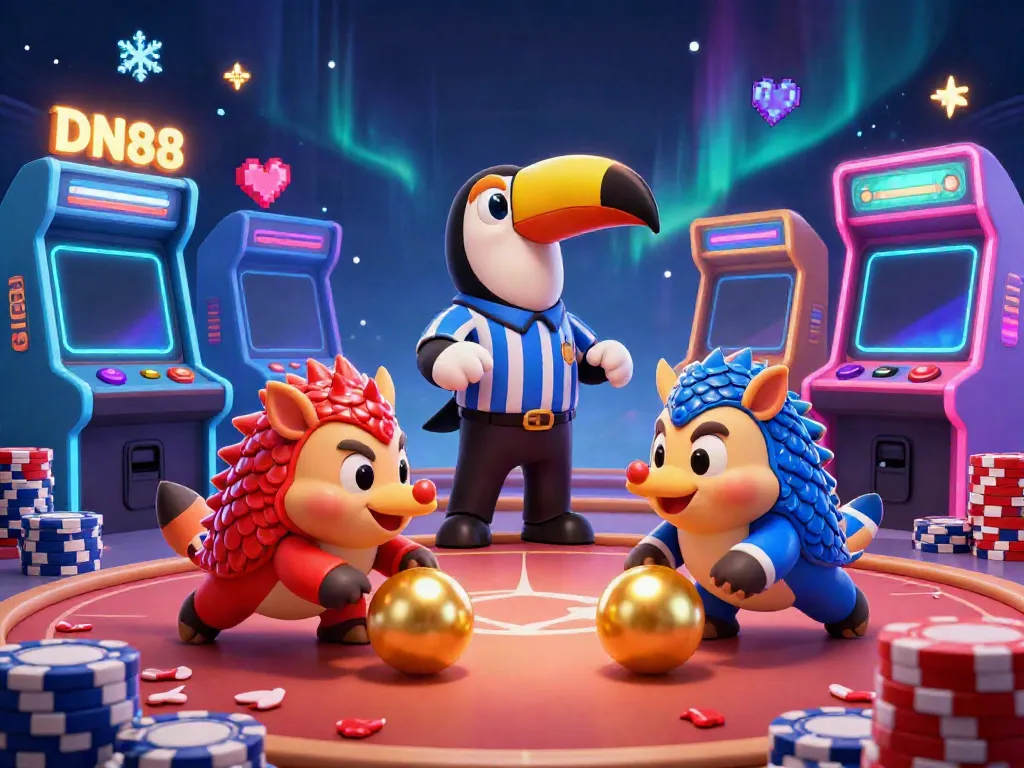 Experience electrifying gameplay at DN88 with rival pangolins bowling through poker chips in this vibrant casino scene.