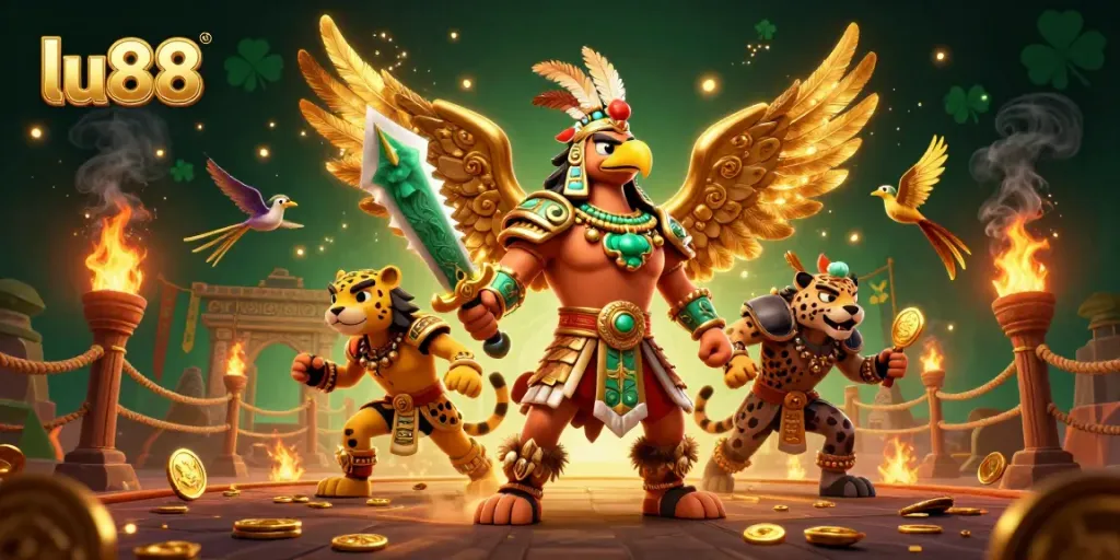 Experience thrilling gaming with lu88 in this vibrant Aztec warrior scene filled with dynamic action.