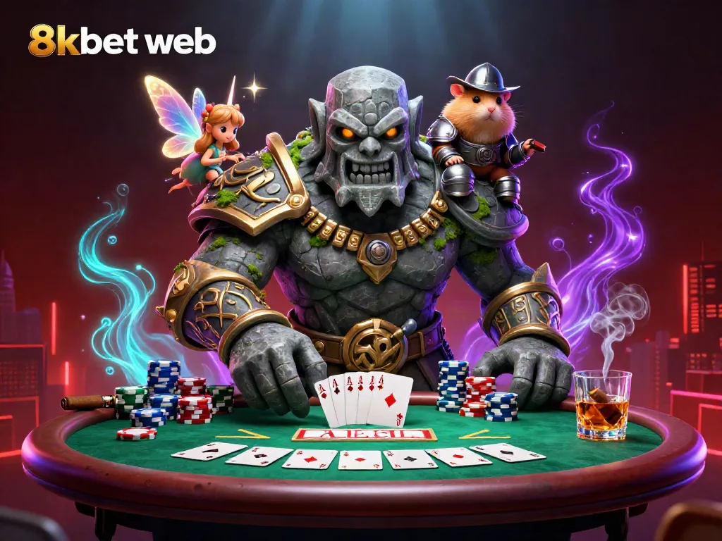 Experience the vibrant 8xbet web scene with a golem guardian and poker elements for a captivating gambling adventure.