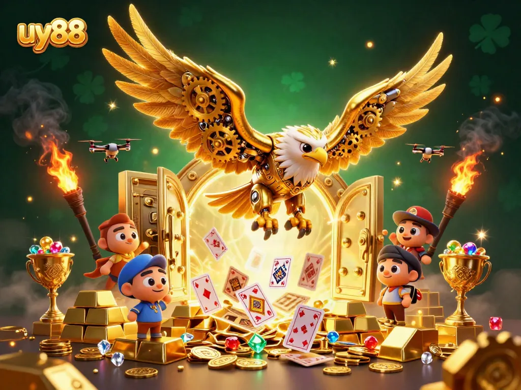 Experience thrilling wins with uy88's 3D cybernetic eagle amidst dazzling casino treasures.
